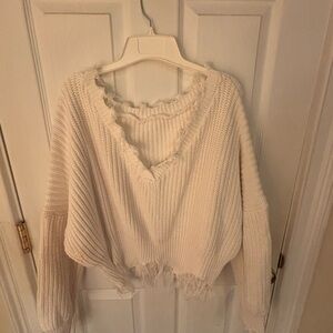 Cozy White Frayed Hem Sweater